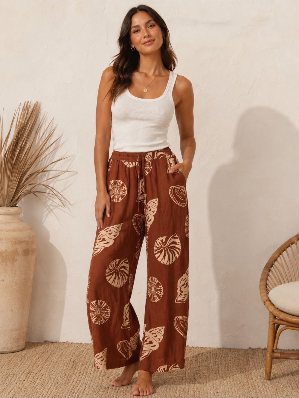 RACHEL ZOE Wide Leg Brown Beach Shell Print Pants